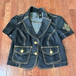BISOU BISOU Dark Denim Gold Hardware Button Up Cropped Sexy Top Jacket Small